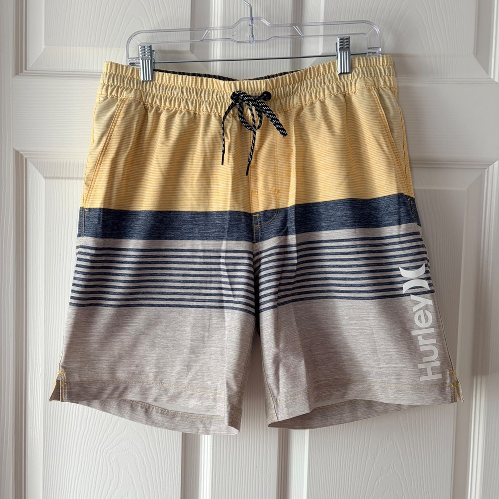 Hurley Mens Large Striped Board Shorts Yellow Blue Grey Elastic Waist Swim Trunk